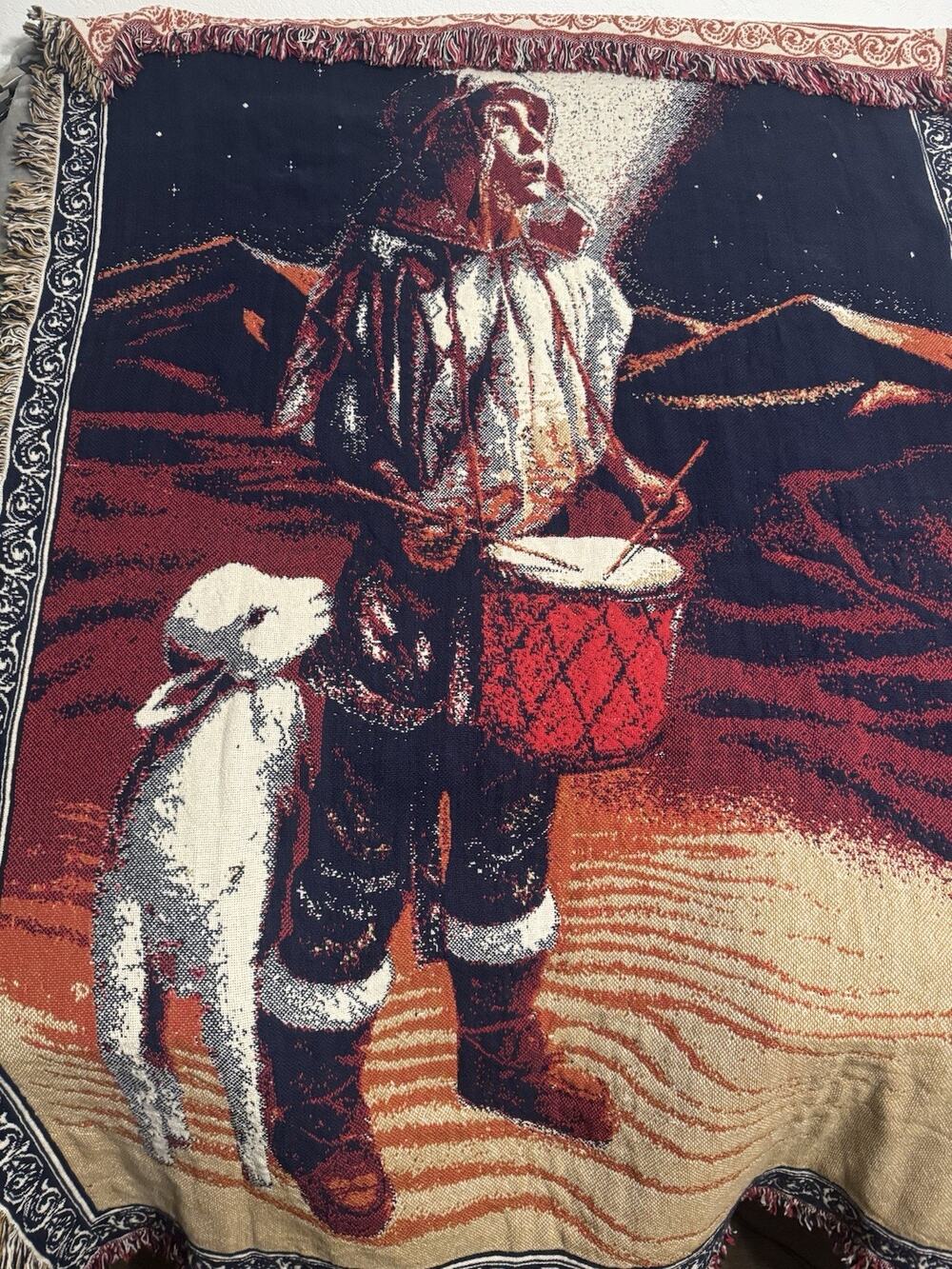 Dummer Boy Christmas Holiday Winter Tapestry Afghan Fringe Throw Blanket 63"x44"